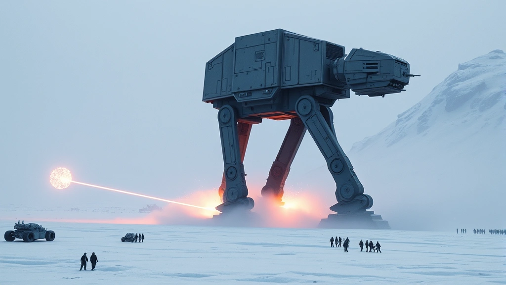 Massive AT-AT walker stomping across snowy battlefield with laser fire erupting around it, cinematic lighting, photorealistic rendering, no HUD or text visible
