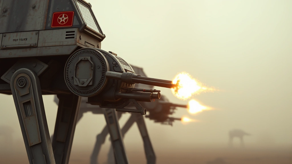 Close-up of AT-AT walker firing weapons with explosive impacts in distance, atmospheric fog, weathered metal texture, photorealistic detail, no game menus