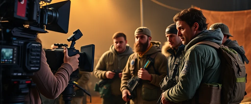 Film crew setting up comedic scene with actors in survival gear on movie set, professional lighting equipment visible, behind-the-scenes filmmaking atmosphere, vibrant colors, realistic detail