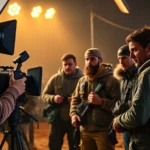 Film crew setting up comedic scene with actors in survival gear on movie set, professional lighting equipment visible, behind-the-scenes filmmaking atmosphere, vibrant colors, realistic detail