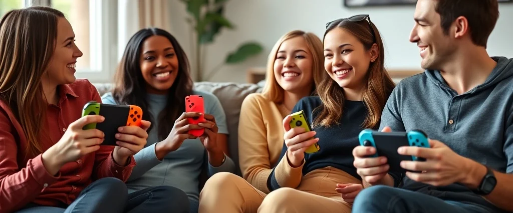 Four friends playing Nintendo Switch together on a couch, laughing while holding colorful Joy-Con controllers, bright living room setting with natural lighting, casual gaming atmosphere