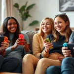 Four friends playing Nintendo Switch together on a couch, laughing while holding colorful Joy-Con controllers, bright living room setting with natural lighting, casual gaming atmosphere