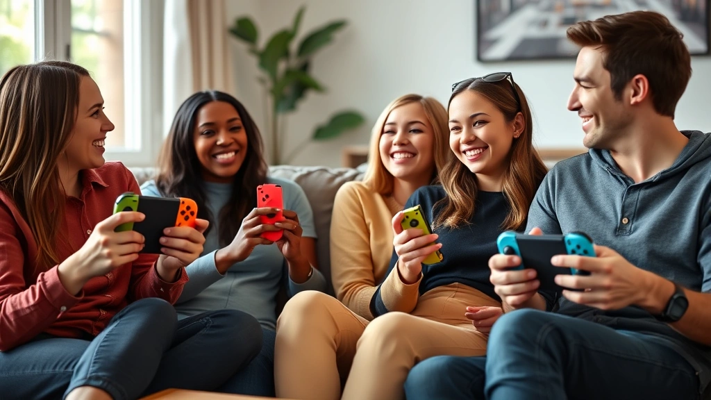 Four friends playing Nintendo Switch together on a couch, laughing while holding colorful Joy-Con controllers, bright living room setting with natural lighting, casual gaming atmosphere