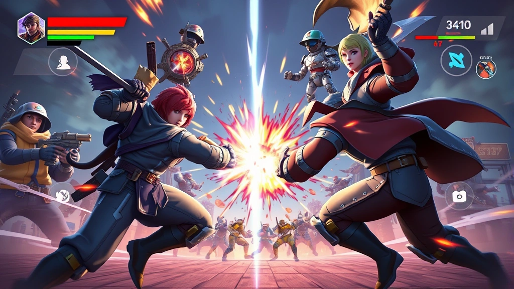 Dynamic split-screen action scene showing intense co-op gameplay with vibrant game characters working together against enemies, high-energy moment with explosion effects and teamwork focus