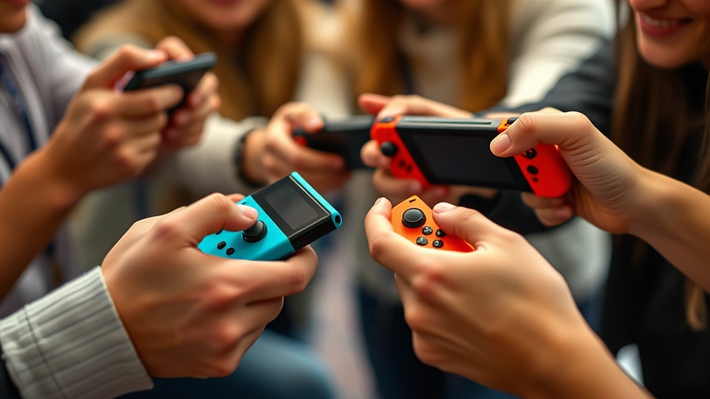 Close-up of multiple players' hands holding Switch controllers in coordinated positions, showing cooperative gaming moment with focus on the controllers and engaged players' expressions