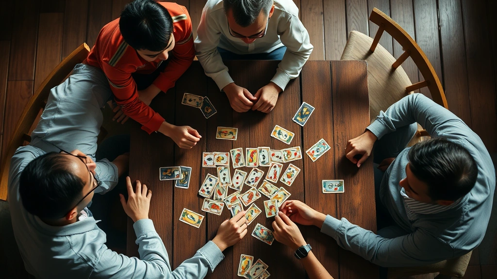 Overhead view of players around a wooden table playing Swoop card game with cards spread across the surface, focused expressions, warm natural lighting