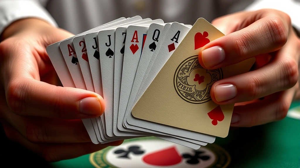 Close-up of hands holding a spread of colorful playing cards with different suits and numbers, showcasing card details and player concentration