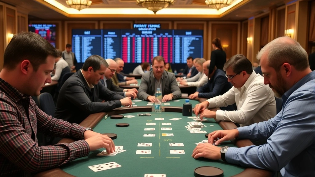Professional card game tournament setting with multiple tables, players concentrating on their hands, scoreboard visible in background, competitive atmosphere