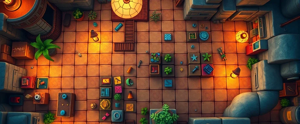 Overhead view of colorful puzzle environment with interactive objects scattered throughout, warm lighting highlighting exploration areas, cozy indie game aesthetic, no UI elements visible
