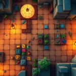 Overhead view of colorful puzzle environment with interactive objects scattered throughout, warm lighting highlighting exploration areas, cozy indie game aesthetic, no UI elements visible