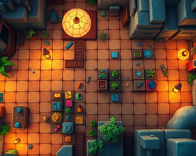 Overhead view of colorful puzzle environment with interactive objects scattered throughout, warm lighting highlighting exploration areas, cozy indie game aesthetic, no UI elements visible
