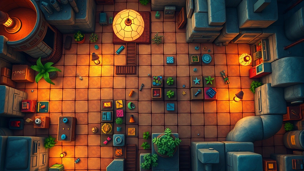 Overhead view of colorful puzzle environment with interactive objects scattered throughout, warm lighting highlighting exploration areas, cozy indie game aesthetic, no UI elements visible