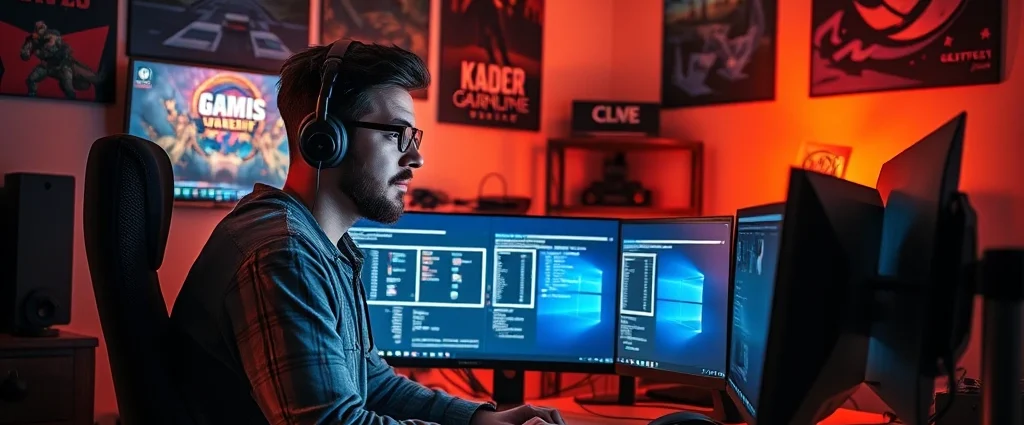 Developer working at desk with multiple monitors showing game development software, warm lighting, focused expression, surrounded by gaming peripherals and indie game artwork on walls