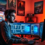 Developer working at desk with multiple monitors showing game development software, warm lighting, focused expression, surrounded by gaming peripherals and indie game artwork on walls