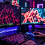 Professional gaming setup with high-end monitors, mechanical keyboard, gaming mouse, and RGB lighting in competitive gaming environment, player hands positioned for action