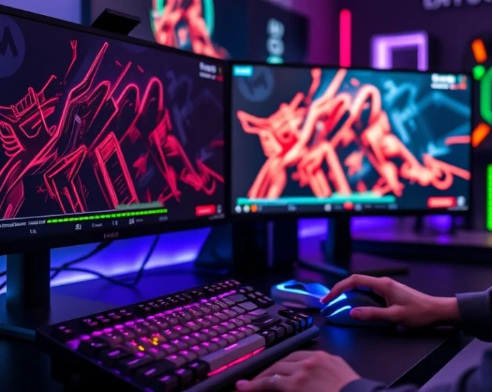 Professional gaming setup with high-end monitors, mechanical keyboard, gaming mouse, and RGB lighting in competitive gaming environment, player hands positioned for action