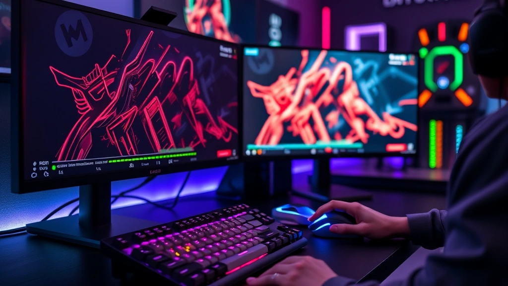 Professional gaming setup with high-end monitors, mechanical keyboard, gaming mouse, and RGB lighting in competitive gaming environment, player hands positioned for action