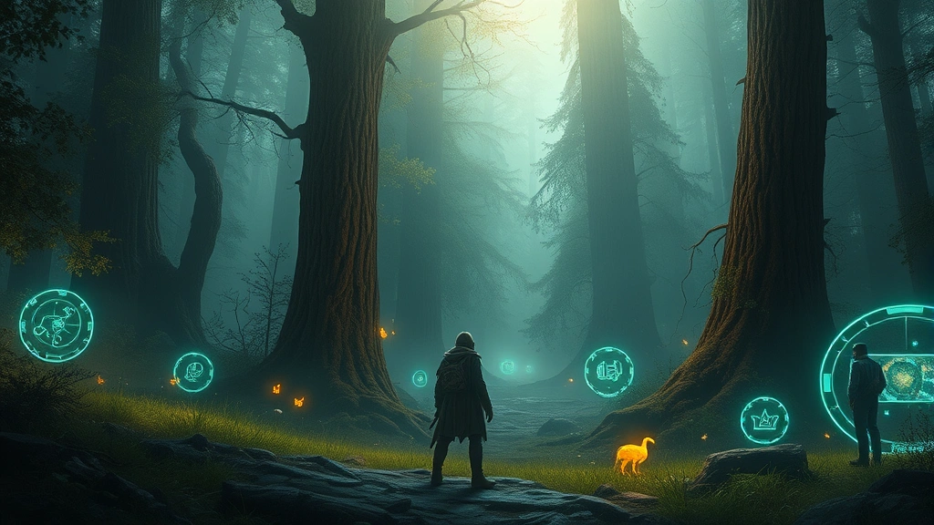 Character standing in mystical forest clearing with glowing interactive elements, atmospheric lighting with soft shadows, sense of discovery and wonder, detailed environmental storytelling