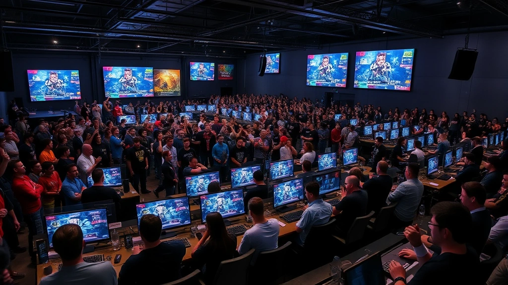 Crowded gaming tournament venue with multiple players at stations, excited spectators watching matches on large screens, intense competitive atmosphere with energy and focus
