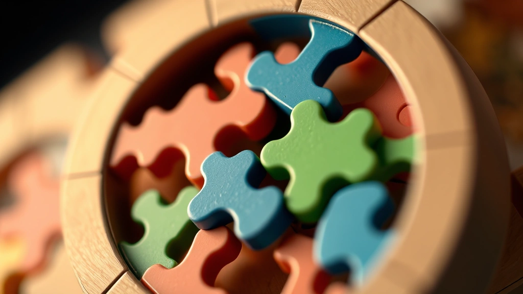 Close-up of intricate puzzle mechanism with multiple colored components fitting together, satisfying visual design showing solution clarity, warm ambient lighting, no text or numbers