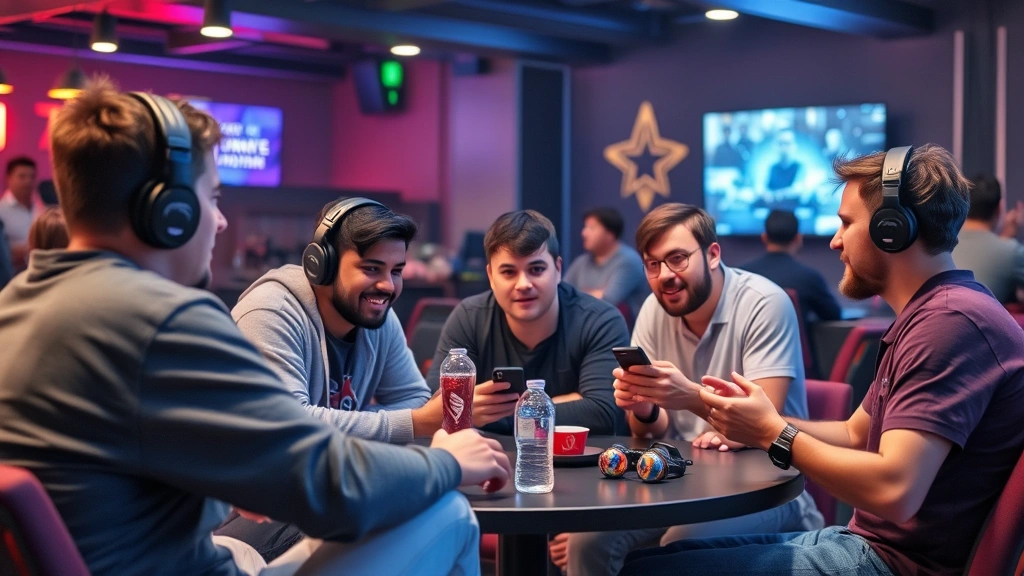 Gaming community members socializing and networking at casual hangout space, discussing strategies and sharing gaming experiences, diverse group of gamers collaborating