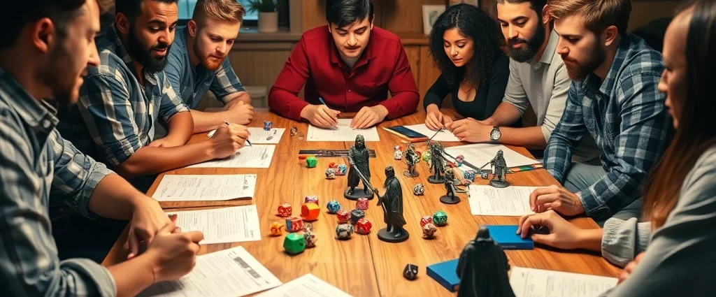 A diverse group of friends gathered around a wooden table playing tabletop RPG with character sheets, colorful polyhedral dice, and miniature fantasy figurines, warm lighting, focused expressions, gaming materials scattered across table