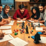 A diverse group of friends gathered around a wooden table playing tabletop RPG with character sheets, colorful polyhedral dice, and miniature fantasy figurines, warm lighting, focused expressions, gaming materials scattered across table