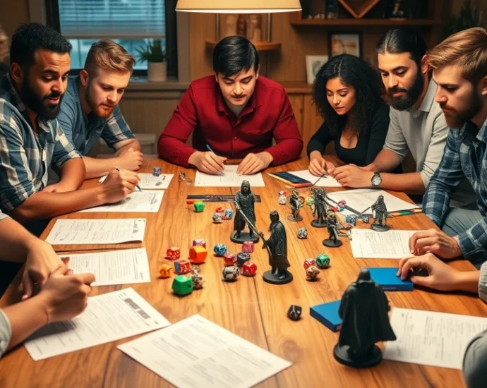 A diverse group of friends gathered around a wooden table playing tabletop RPG with character sheets, colorful polyhedral dice, and miniature fantasy figurines, warm lighting, focused expressions, gaming materials scattered across table