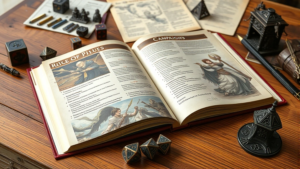 Close-up of beautifully illustrated fantasy tabletop RPG rulebook open on wooden table with ornate dice, character miniatures, and campaign notes, professional fantasy artwork visible on pages, natural lighting highlighting components