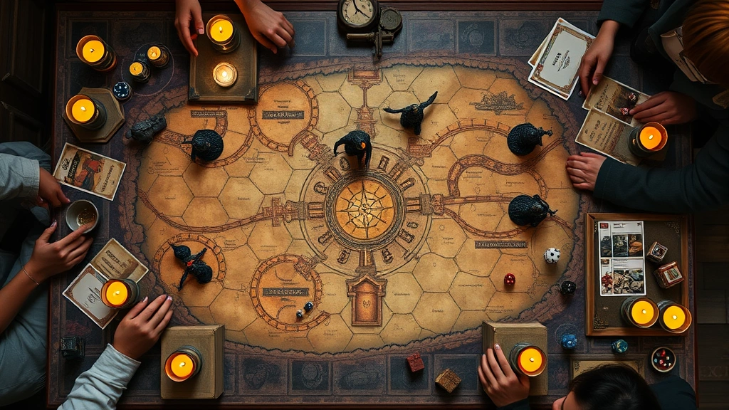 Overhead view of tabletop RPG game session showing intricate dungeon map, multiple character miniatures positioned strategically, spell cards, treasure tokens, and dice rolls in progress, atmospheric candlelit gaming environment