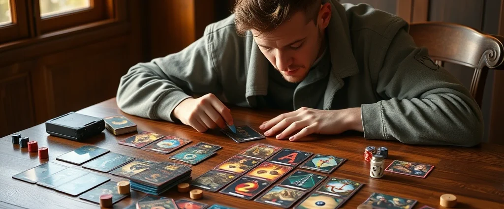 A solo gamer concentrating intently on a wooden table with multiple card game components spread out, featuring colorful cards, dice, and wooden tokens in warm natural lighting, photorealistic style