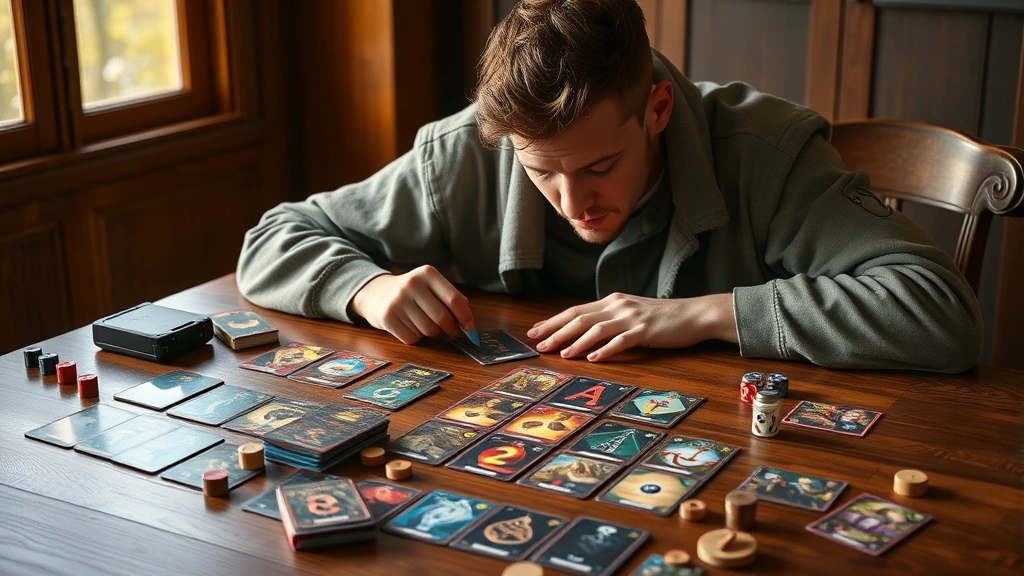 A solo gamer concentrating intently on a wooden table with multiple card game components spread out, featuring colorful cards, dice, and wooden tokens in warm natural lighting, photorealistic style