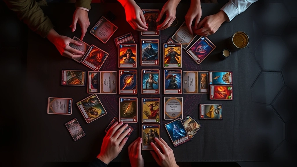 A dramatic overhead shot of cards arranged in a strategic pattern during an intense gameplay moment, with vibrant card artwork visible, soft dramatic lighting emphasizing the game board setup