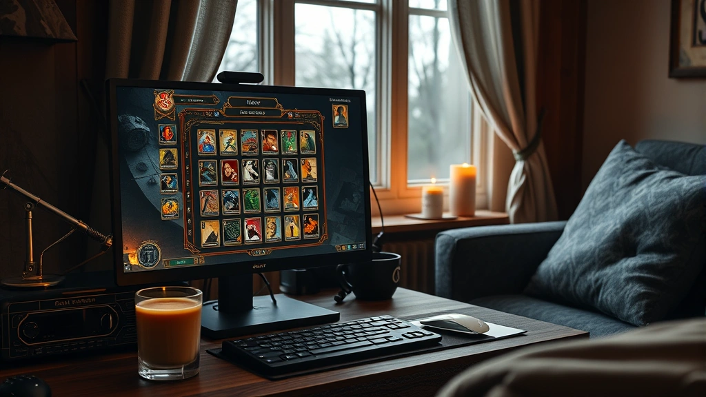 A cozy gaming setup showing a digital screen displaying a deck-building roguelike game interface alongside a hot beverage and comfortable gaming space, photorealistic atmospheric lighting