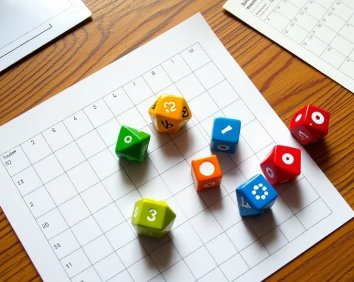 Six colorful polyhedral dice scattered on a wooden gaming table with a blank scoresheet, natural lighting, top-down perspective, gaming atmosphere