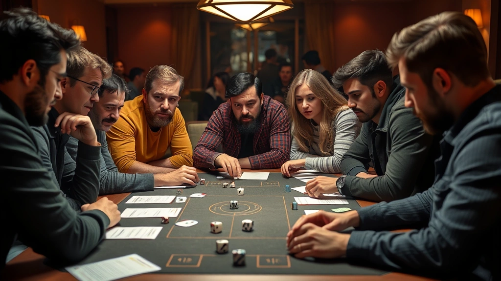 Group of diverse players gathered around a gaming table with dice, scorecards, and focused expressions during an intense game moment, warm ambient lighting
