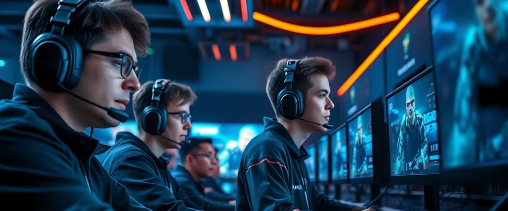 Professional esports players competing in a high-tech gaming arena with LED lighting and multiple screens displaying competitive game footage, intense focused expressions, gaming headsets, modern minimalist aesthetic inspired by Squid Game's visual style