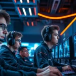 Professional esports players competing in a high-tech gaming arena with LED lighting and multiple screens displaying competitive game footage, intense focused expressions, gaming headsets, modern minimalist aesthetic inspired by Squid Game's visual style