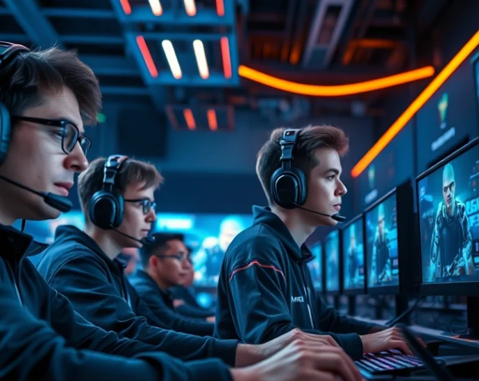 Professional esports players competing in a high-tech gaming arena with LED lighting and multiple screens displaying competitive game footage, intense focused expressions, gaming headsets, modern minimalist aesthetic inspired by Squid Game's visual style
