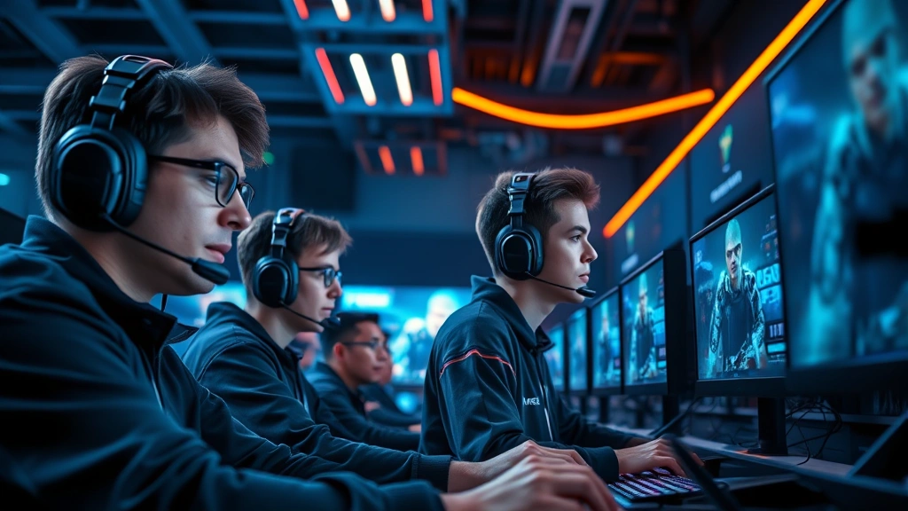 Professional esports players competing in a high-tech gaming arena with LED lighting and multiple screens displaying competitive game footage, intense focused expressions, gaming headsets, modern minimalist aesthetic inspired by Squid Game's visual style