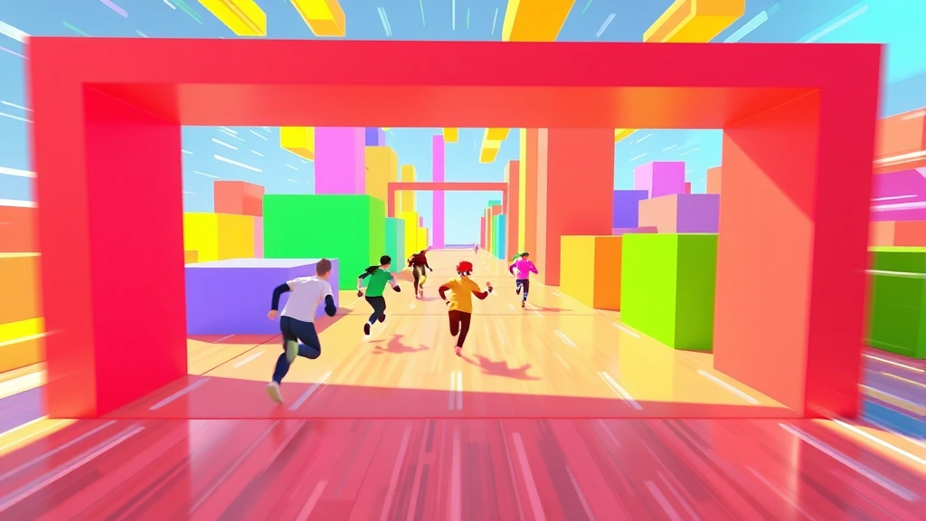 Dynamic gameplay screenshot showing players running through a bright digital obstacle course with clean geometric shapes and bold color blocks, multiple avatars in mid-action, energetic motion blur effects, modern flat design graphics