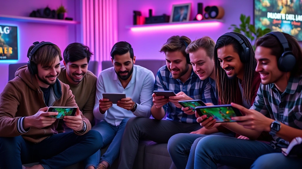 Group of diverse gamers sitting together playing competitive games on multiple devices including smartphones and tablets, collaborative atmosphere with concentration and excitement on their faces, modern living room setting with RGB lighting