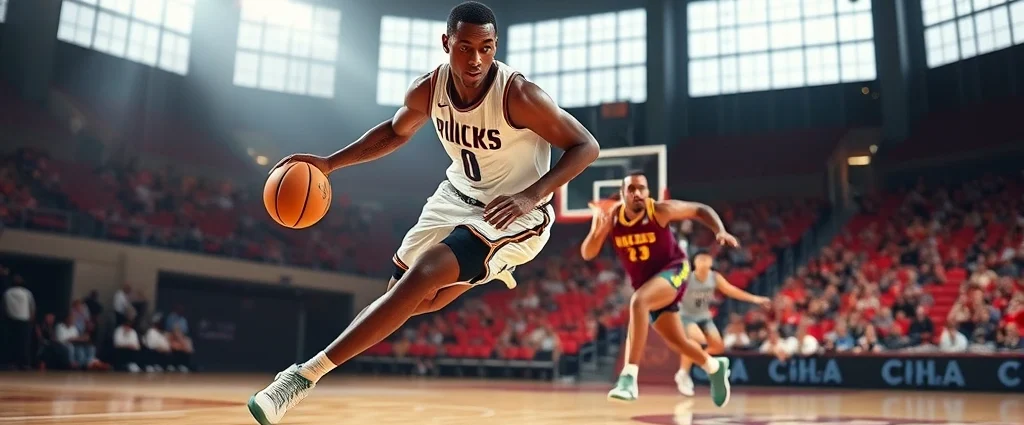 Professional basketball player executing a crossover dribble move on hardwood court, ball at ground level, defender sliding behind, arena lights creating dynamic shadows, photorealistic sports action shot