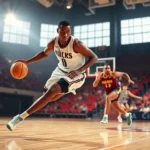 Professional basketball player executing a crossover dribble move on hardwood court, ball at ground level, defender sliding behind, arena lights creating dynamic shadows, photorealistic sports action shot