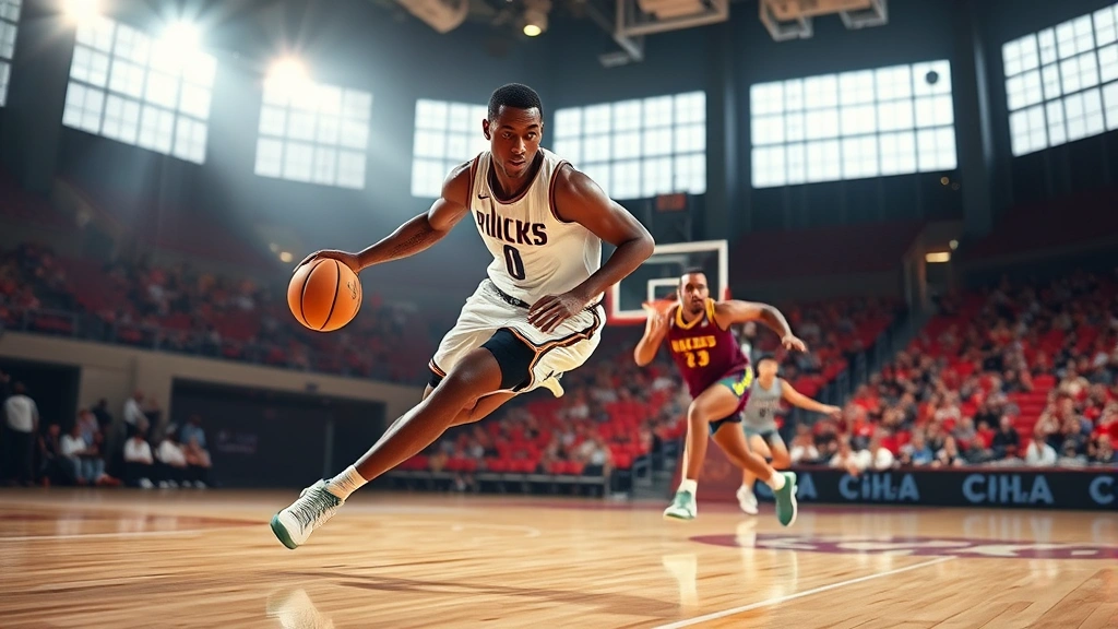 Professional basketball player executing a crossover dribble move on hardwood court, ball at ground level, defender sliding behind, arena lights creating dynamic shadows, photorealistic sports action shot