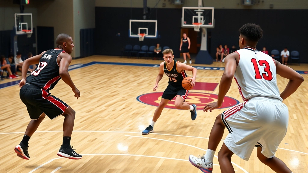 Point guard running pick-and-roll play with big man setting screen, two defenders rotating, open cutting lane visible, multiple players positioned across court, dynamic basketball movement captured