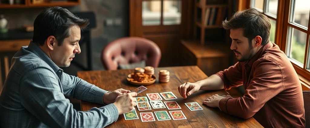 Three players sitting around a wooden table playing card games, intense focused expressions, colorful card decks visible, natural lighting from window, casual cozy atmosphere, photorealistic