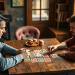 Three players sitting around a wooden table playing card games, intense focused expressions, colorful card decks visible, natural lighting from window, casual cozy atmosphere, photorealistic
