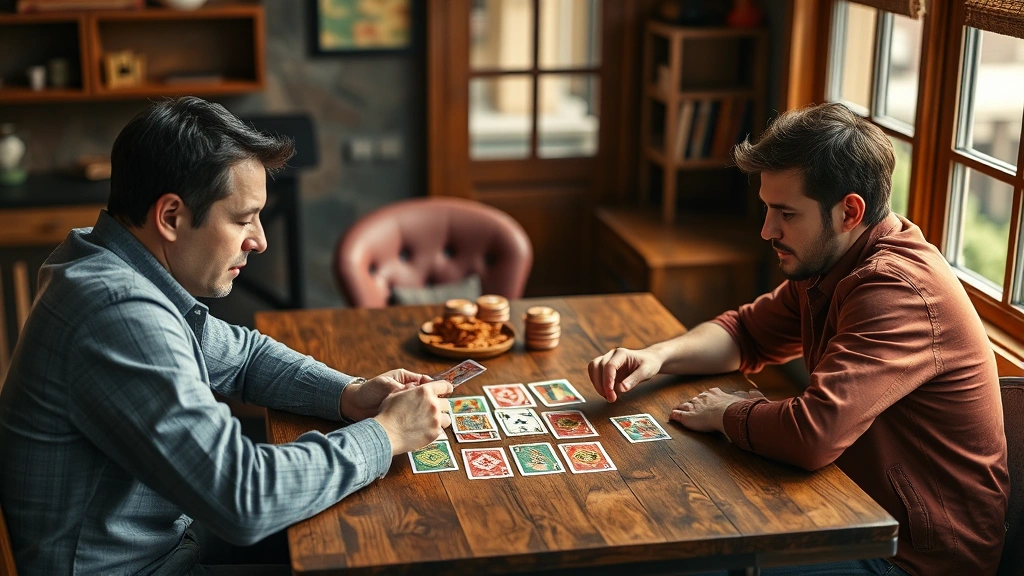 Three players sitting around a wooden table playing card games, intense focused expressions, colorful card decks visible, natural lighting from window, casual cozy atmosphere, photorealistic
