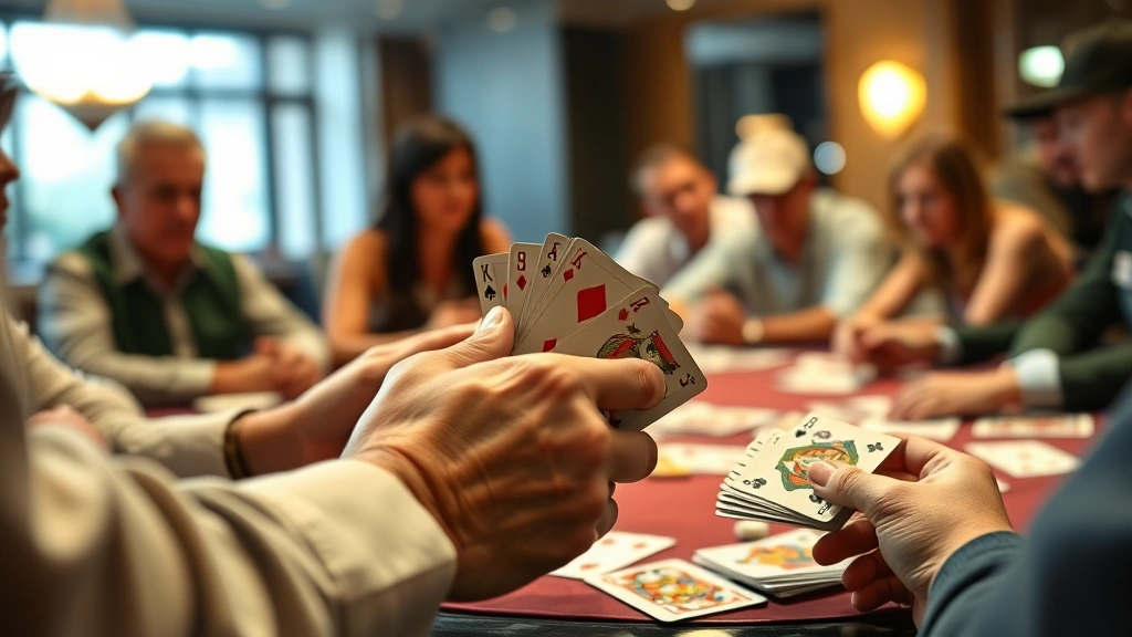 Close-up of hands holding playing cards during an active game round, diverse players in background slightly blurred, cards fanned out showing vibrant designs, warm indoor lighting, photorealistic detail